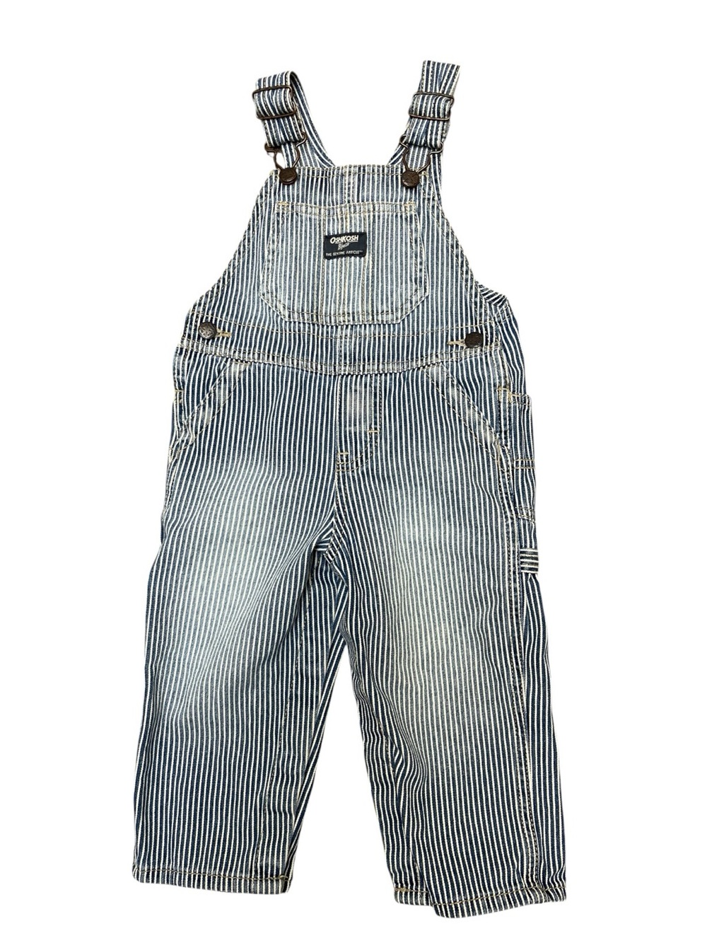 Vintage OshKosh B'gosh Blue and White Striped Overalls Size 18M Worn In